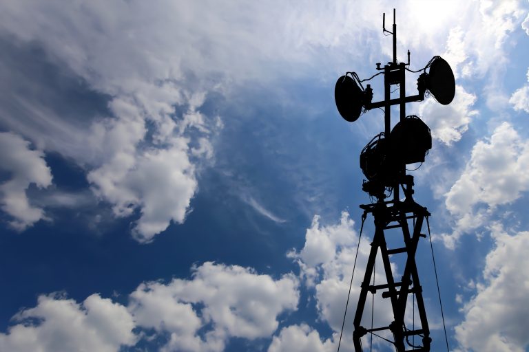 Contour,Small,Military,Radar,Station,On,Background,Beautiful,Clouds,And